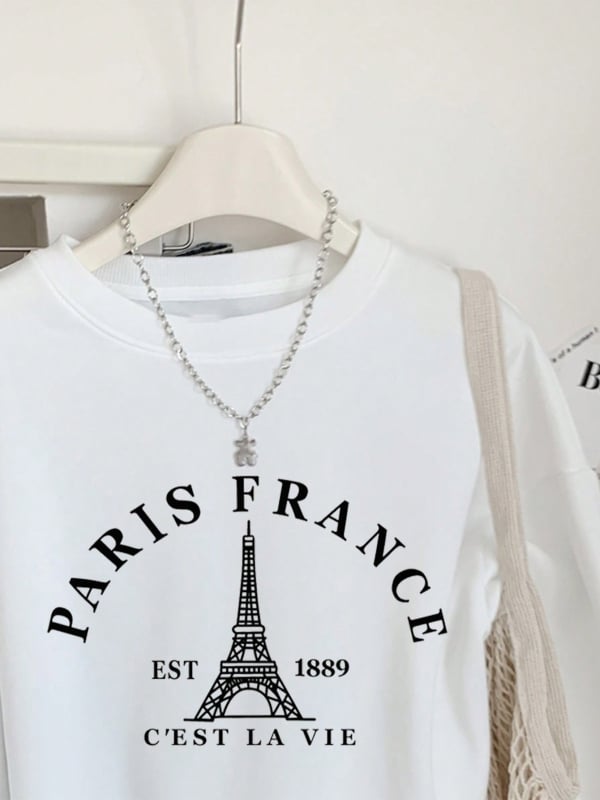 Női Eiffel-torony mintás pulóver felső, őszi-téli szezon, laza szabás, kerek nyak