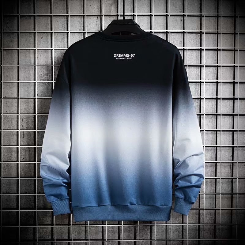 Férfi japán stílusú gradient színű pulóver, hosszú ujjú, kerek nyakú, laza szabású, tavaszi casual viselet