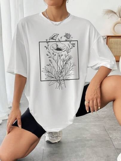 SHEIN EZwear Virágmintás felső, drop shoulder – grafikus női póló