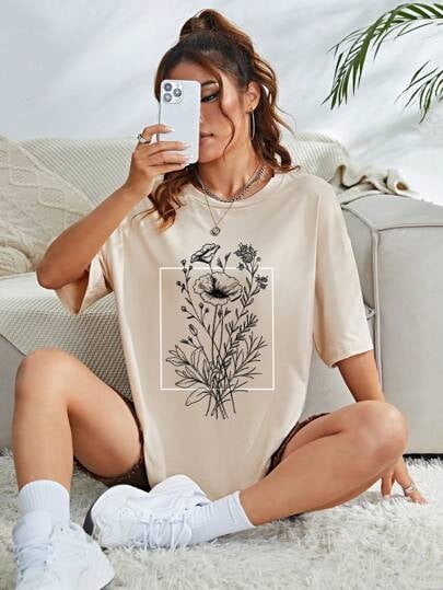 SHEIN EZwear Virágmintás felső, drop shoulder – grafikus női póló