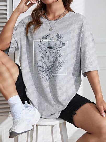 SHEIN EZwear Virágmintás felső, drop shoulder – grafikus női póló