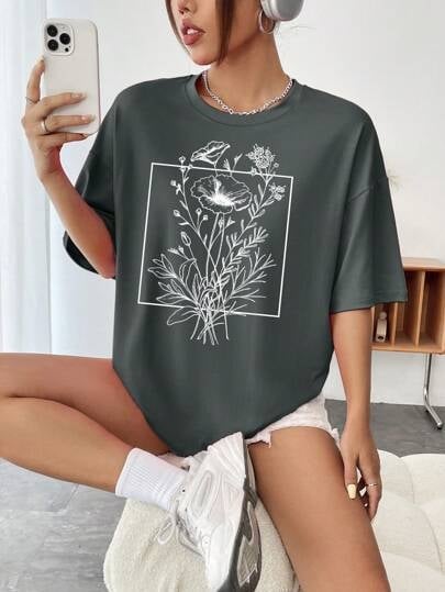 SHEIN EZwear Virágmintás felső, drop shoulder – grafikus női póló