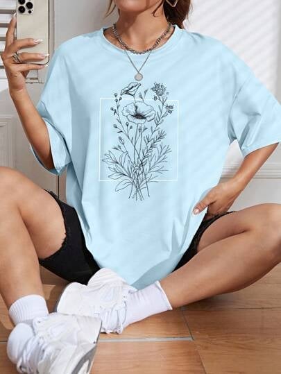 SHEIN EZwear Virágmintás felső, drop shoulder – grafikus női póló