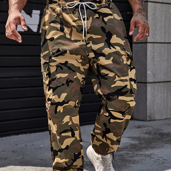 Pantaloni cargo camuflați pentru bărbați, mărime plus, poliester durabil, talie cu șnur, buzunare multiple