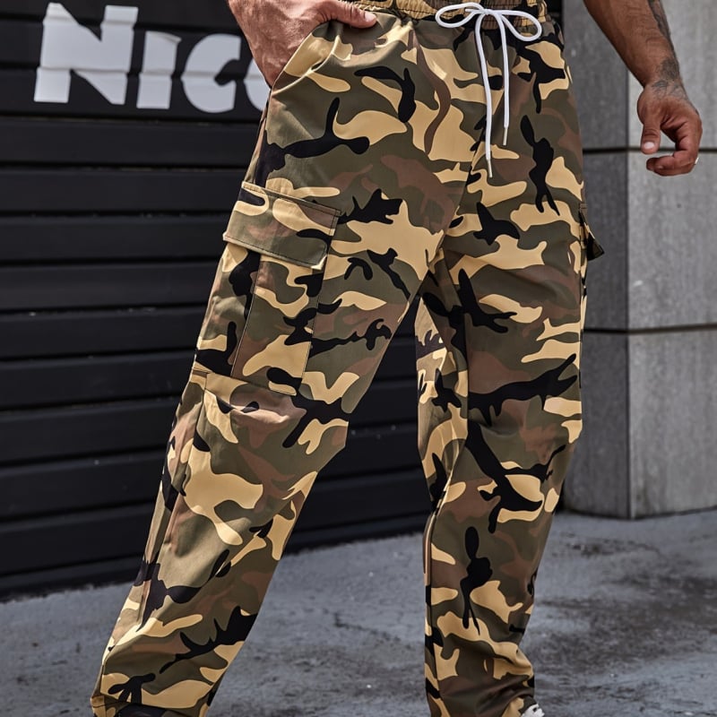 Pantaloni cargo camuflați pentru bărbați, mărime plus, poliester durabil, talie cu șnur, buzunare multiple