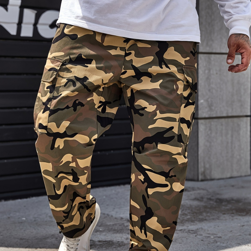 Pantaloni cargo camuflați pentru bărbați, mărime plus, poliester durabil, talie cu șnur, buzunare multiple