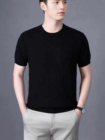 Tricou tricotat din Lyocell, mânecă scurtă, guler rotund, pentru bărbați — croială Slim, vară, stil coreean