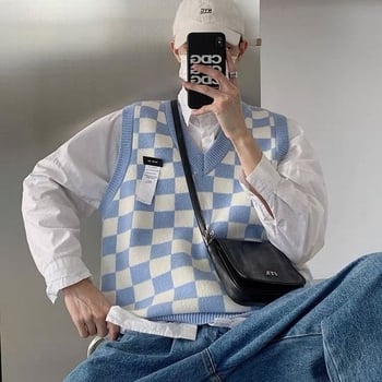 Мъжка жилетка с V-образно деколте, oversized за зимата, небрежен стил, шахматен каре принт