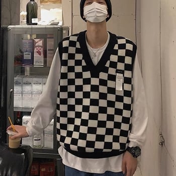 Мъжка жилетка с V-образно деколте, oversized за зимата, небрежен стил, шахматен каре принт