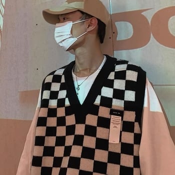 Мъжка жилетка с V-образно деколте, oversized за зимата, небрежен стил, шахматен каре принт