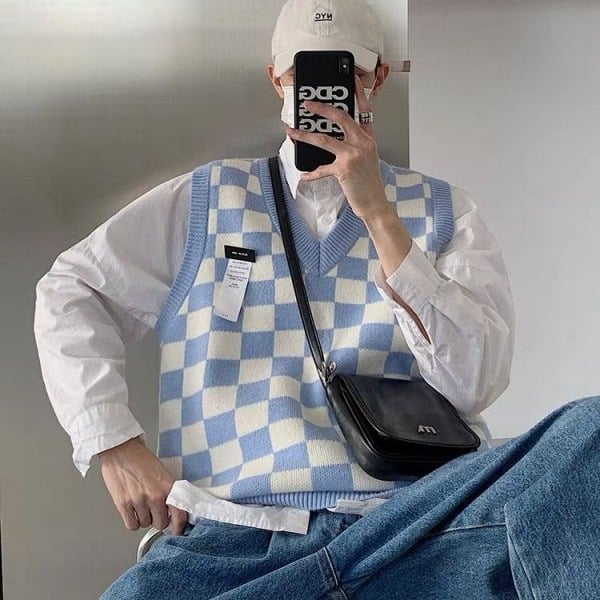 Мъжка жилетка с V-образно деколте, oversized за зимата, небрежен стил, шахматен каре принт