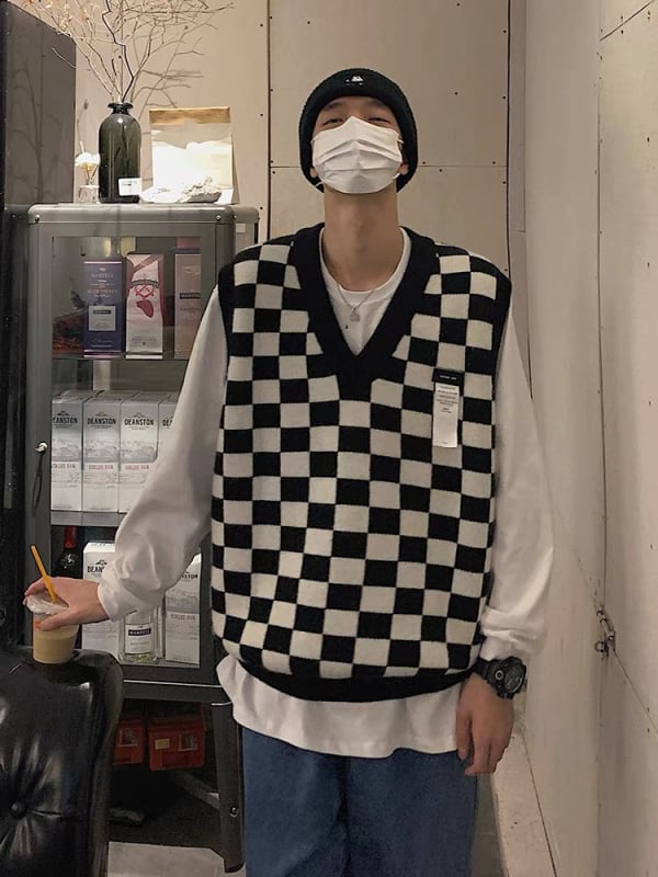 Мъжка жилетка с V-образно деколте, oversized за зимата, небрежен стил, шахматен каре принт