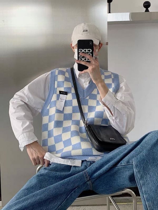 Мъжка жилетка с V-образно деколте, oversized за зимата, небрежен стил, шахматен каре принт