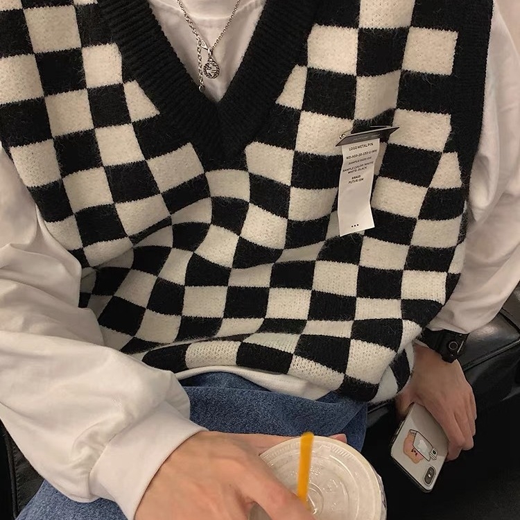 Мъжка жилетка с V-образно деколте, oversized за зимата, небрежен стил, шахматен каре принт