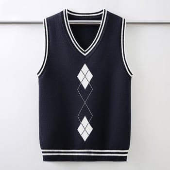 Vestă tricotată pentru uniformă școlară pentru băieți, căptușită cu fleece, toamnă-iarnă, decolteu în V, culoare solidă