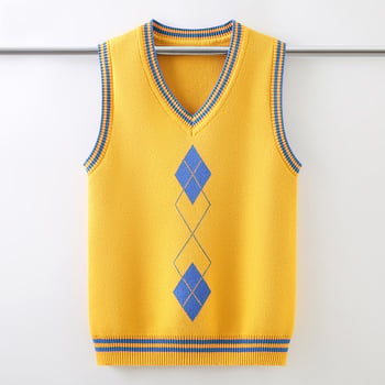 Vestă tricotată pentru uniformă școlară pentru băieți, căptușită cu fleece, toamnă-iarnă, decolteu în V, culoare solidă