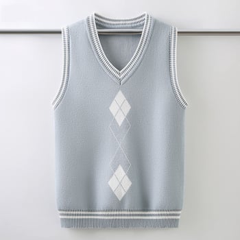 Vestă tricotată pentru uniformă școlară pentru băieți, căptușită cu fleece, toamnă-iarnă, decolteu în V, culoare solidă