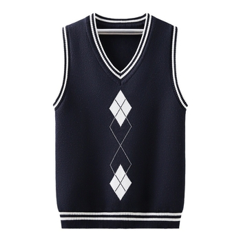 Vestă tricotată pentru uniformă școlară pentru băieți, căptușită cu fleece, toamnă-iarnă, decolteu în V, culoare solidă