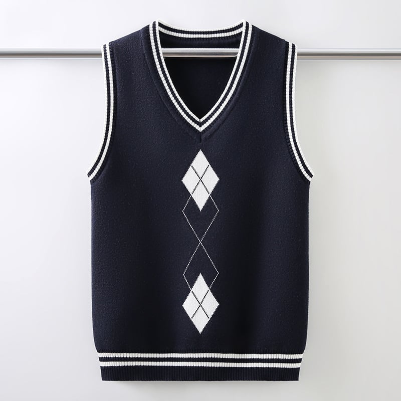 Vestă tricotată pentru uniformă școlară pentru băieți, căptușită cu fleece, toamnă-iarnă, decolteu în V, culoare solidă