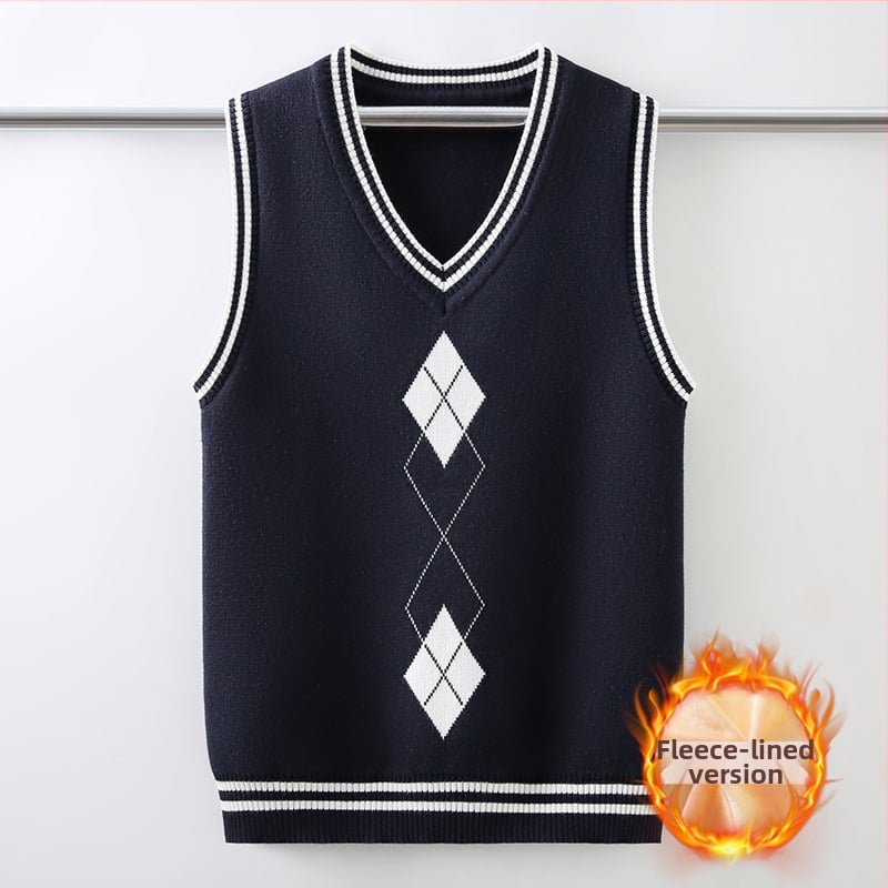 Vestă tricotată pentru uniformă școlară pentru băieți, căptușită cu fleece, toamnă-iarnă, decolteu în V, culoare solidă