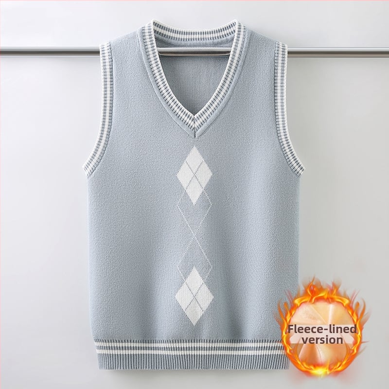 Vestă tricotată pentru uniformă școlară pentru băieți, căptușită cu fleece, toamnă-iarnă, decolteu în V, culoare solidă