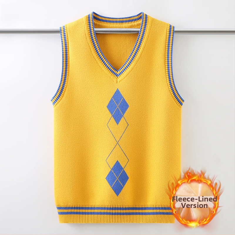 Vestă tricotată pentru uniformă școlară pentru băieți, căptușită cu fleece, toamnă-iarnă, decolteu în V, culoare solidă