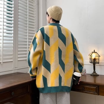 Anyang férfi pulóver ősz–télre, vastagított anyag, félmagas gallér, jacquard kontrasztos kötött pulóver, retro lezser stílus