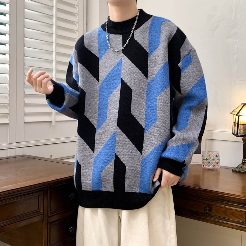 Anyang férfi pulóver ősz–télre, vastagított anyag, félmagas gallér, jacquard kontrasztos kötött pulóver, retro lezser stílus