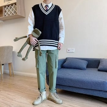 Férfi kötött V-nyakú mellény, őszi preppy stílus, laza szabású, mindennapi külső ruházat