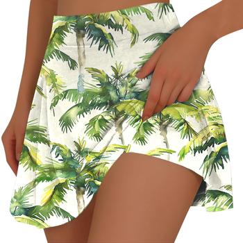 Fustă mini plisată cu buzunar interior, imprimeu tropical, poliester elastic, primăvara-vara 2026