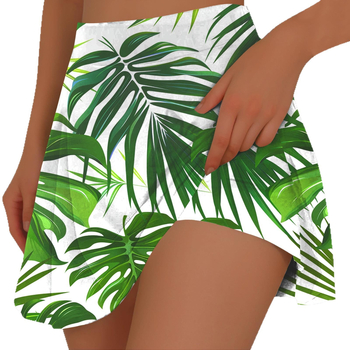 Fustă mini plisată cu buzunar interior, imprimeu tropical, poliester elastic, primăvara-vara 2026