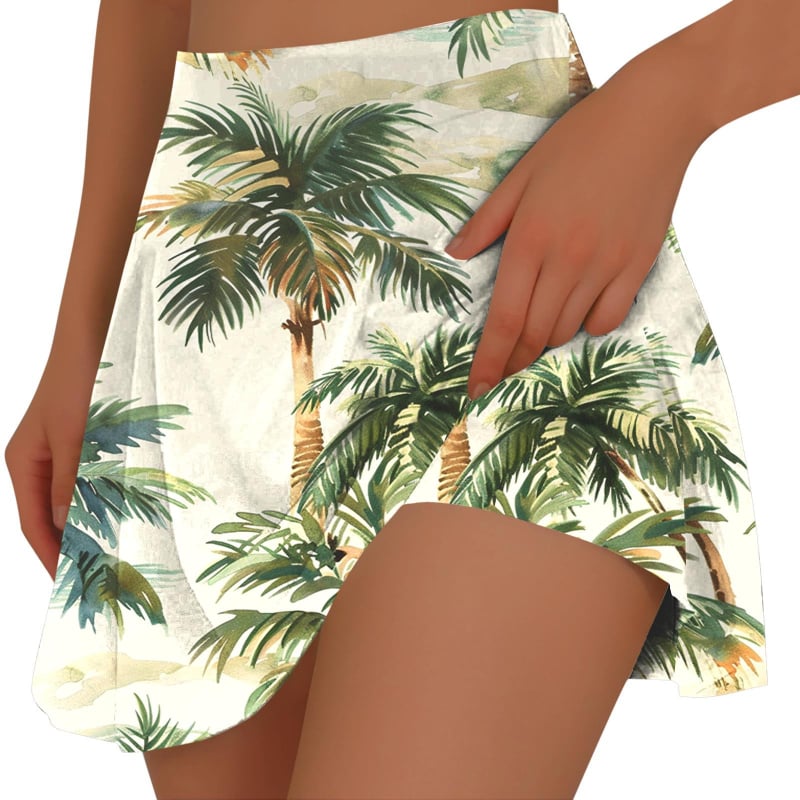 Fustă mini plisată cu buzunar interior, imprimeu tropical, poliester elastic, primăvara-vara 2026