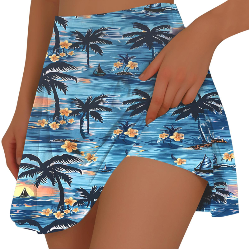 Fustă mini plisată cu buzunar interior, imprimeu tropical, poliester elastic, primăvara-vara 2026