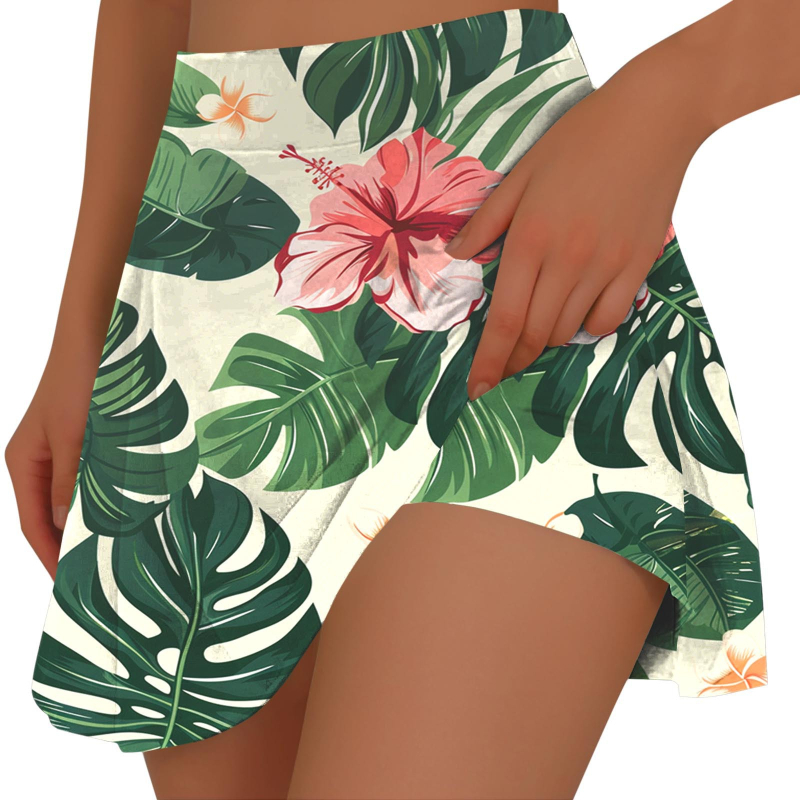 Fustă mini plisată cu buzunar interior, imprimeu tropical, poliester elastic, primăvara-vara 2026