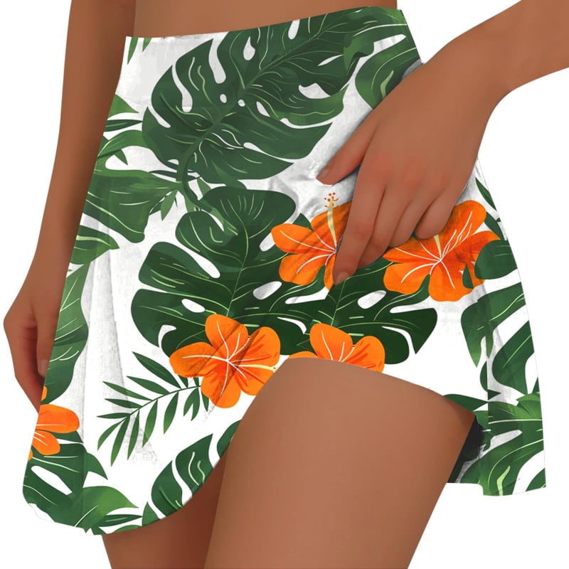 Fustă mini plisată cu buzunar interior, imprimeu tropical, poliester elastic, primăvara-vara 2026