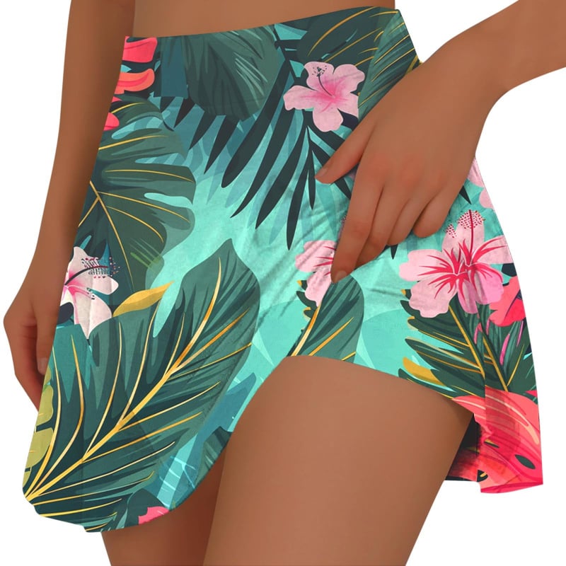 Fustă mini plisată cu buzunar interior, imprimeu tropical, poliester elastic, primăvara-vara 2026
