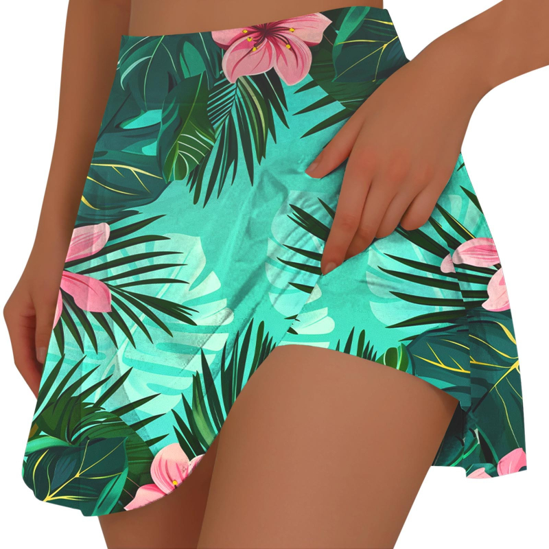 Fustă mini plisată cu buzunar interior, imprimeu tropical, poliester elastic, primăvara-vara 2026