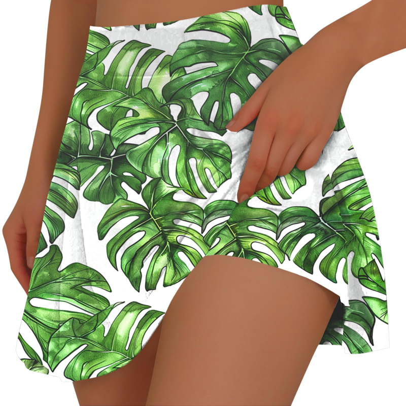 Fustă mini plisată cu buzunar interior, imprimeu tropical, poliester elastic, primăvara-vara 2026