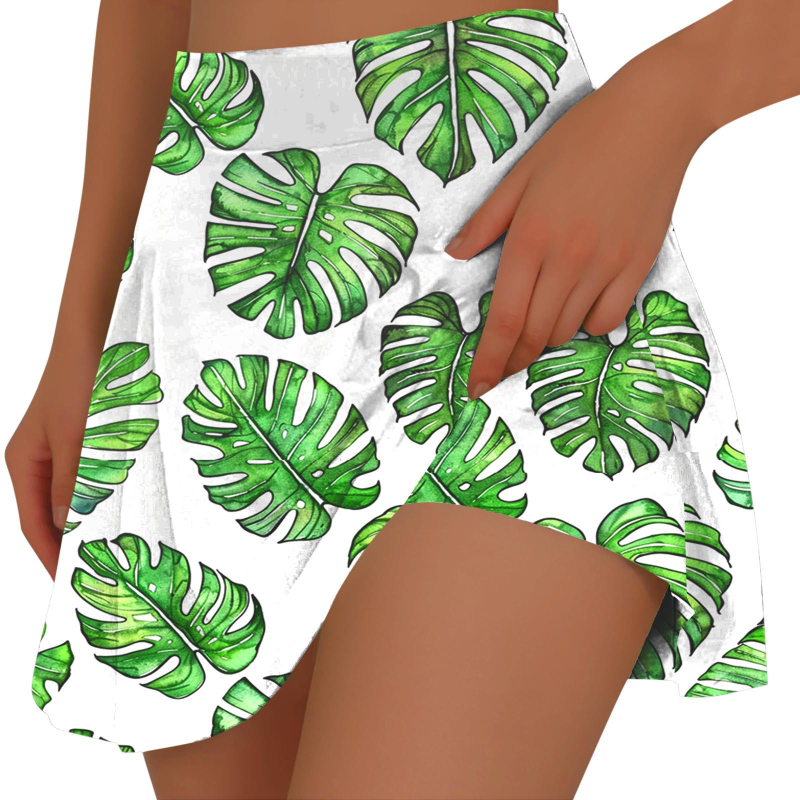 Fustă mini plisată cu buzunar interior, imprimeu tropical, poliester elastic, primăvara-vara 2026