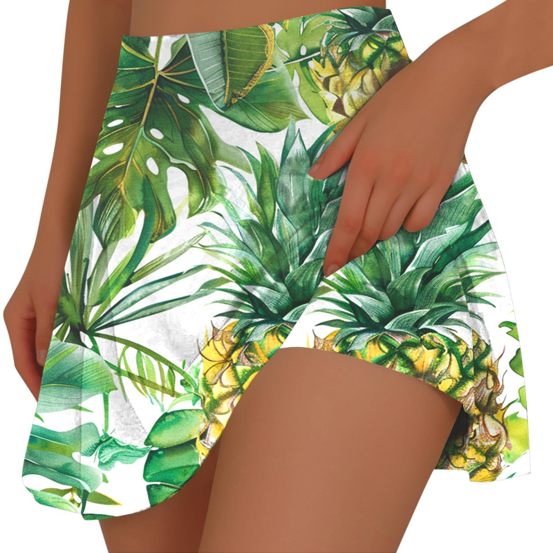Fustă mini plisată cu buzunar interior, imprimeu tropical, poliester elastic, primăvara-vara 2026