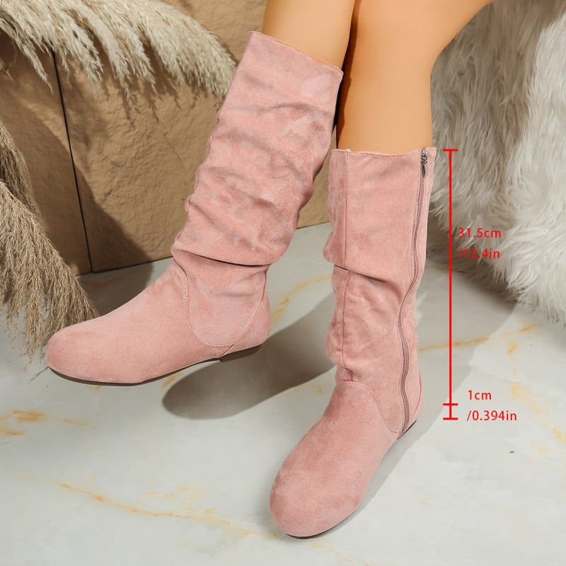 Cizme dama din velur până la gambe, stil toamnă-iarnă, fermoar lateral, detalii plisate, talpă plată