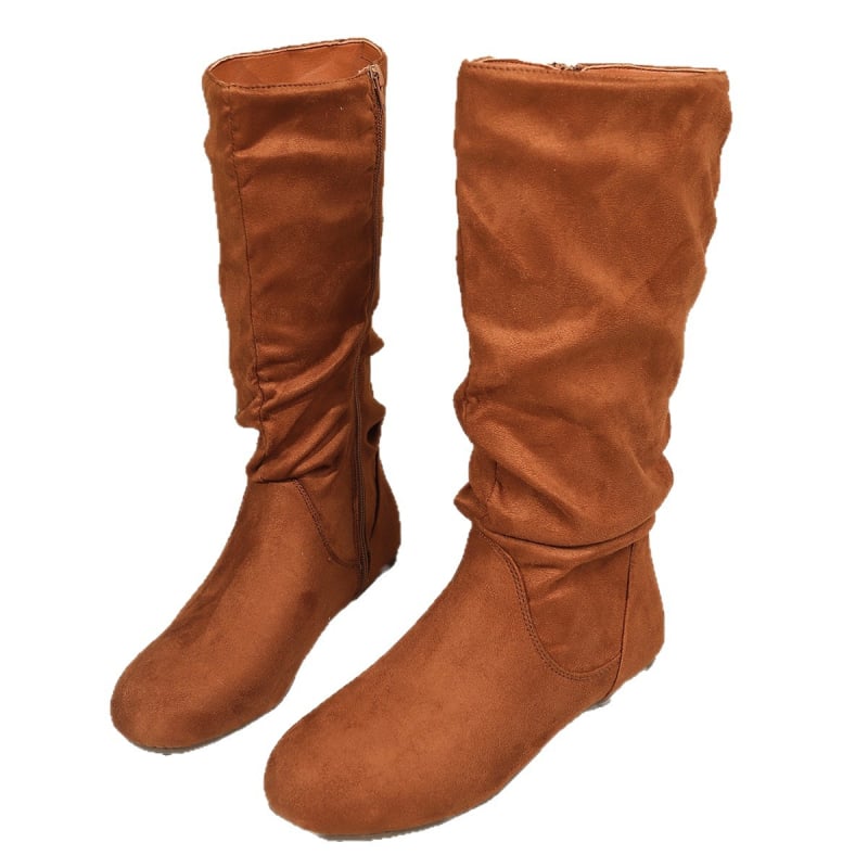 Cizme dama din velur până la gambe, stil toamnă-iarnă, fermoar lateral, detalii plisate, talpă plată