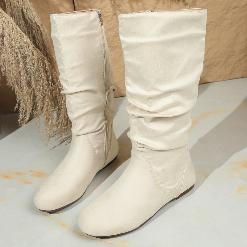 Cizme dama din velur până la gambe, stil toamnă-iarnă, fermoar lateral, detalii plisate, talpă plată