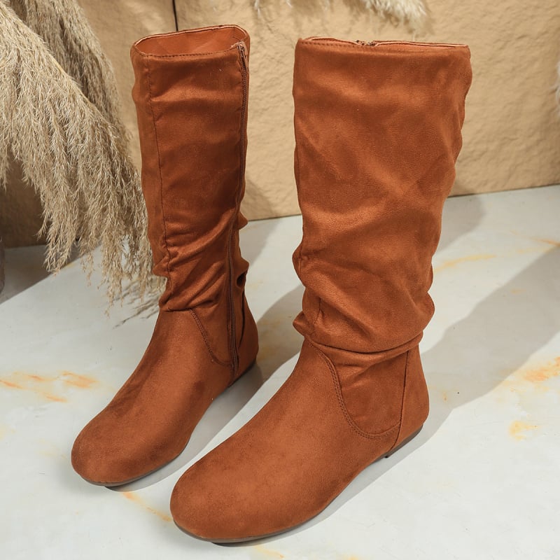 Cizme dama din velur până la gambe, stil toamnă-iarnă, fermoar lateral, detalii plisate, talpă plată