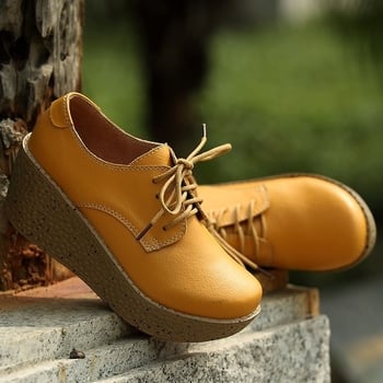 Pantofi dama din piele naturală, șireturi, platformă cu toc mic, talpă antiderapantă, casual pentru zi cu zi