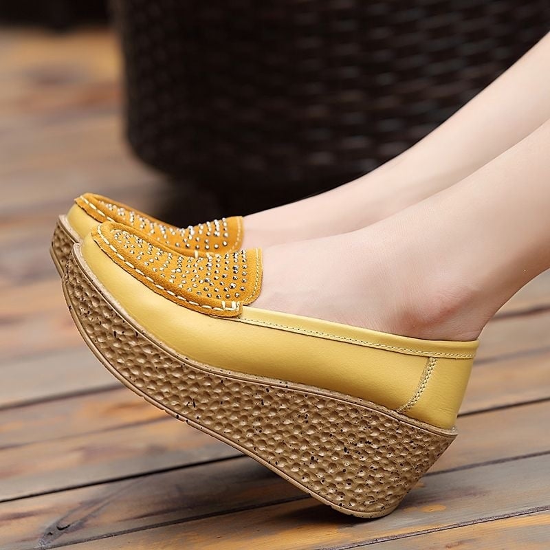 Pantofi dama din piele naturală, șireturi, platformă cu toc mic, talpă antiderapantă, casual pentru zi cu zi