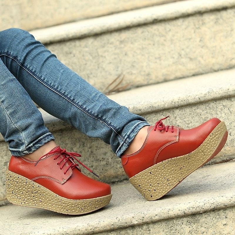 Pantofi dama din piele naturală, șireturi, platformă cu toc mic, talpă antiderapantă, casual pentru zi cu zi