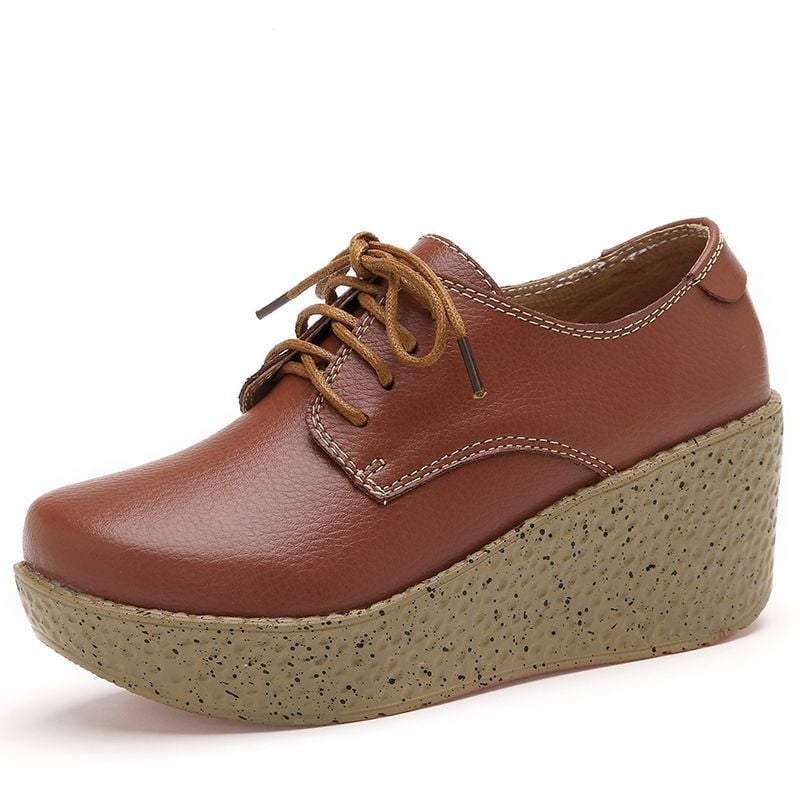 Pantofi dama din piele naturală, șireturi, platformă cu toc mic, talpă antiderapantă, casual pentru zi cu zi