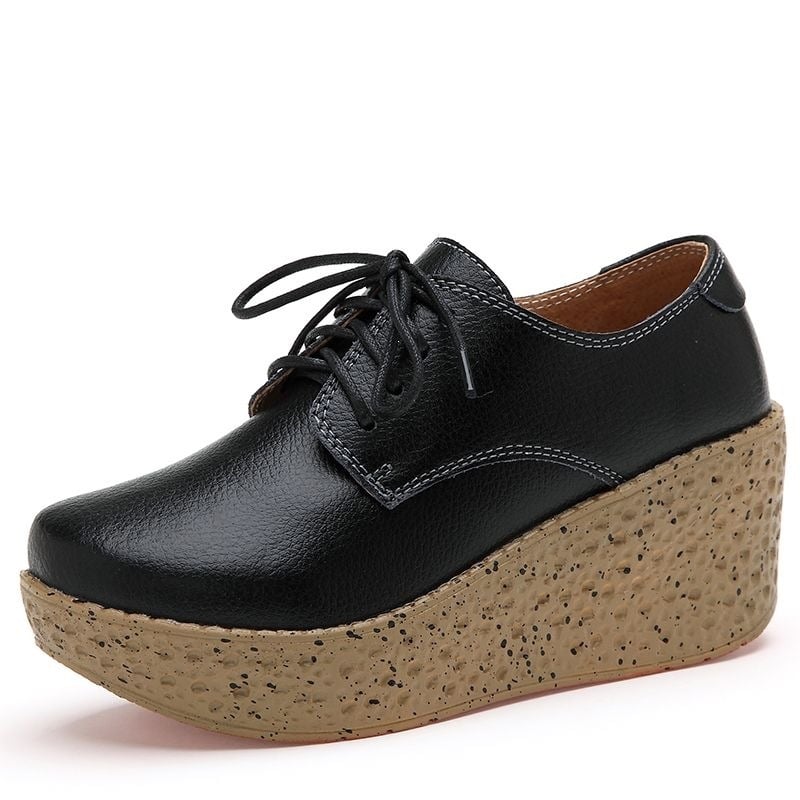 Pantofi dama din piele naturală, șireturi, platformă cu toc mic, talpă antiderapantă, casual pentru zi cu zi