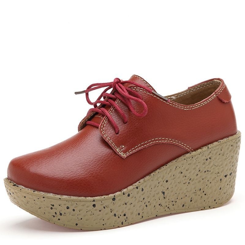 Pantofi dama din piele naturală, șireturi, platformă cu toc mic, talpă antiderapantă, casual pentru zi cu zi